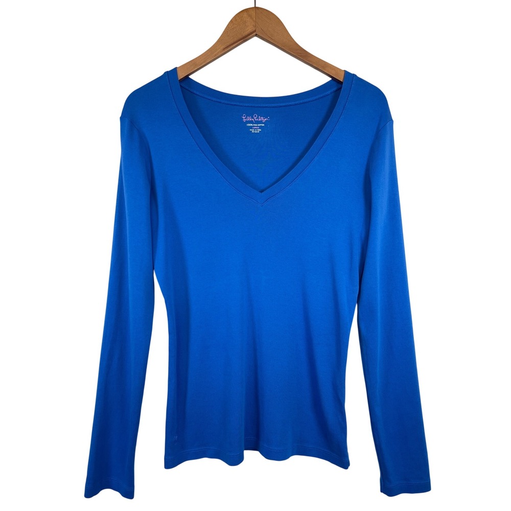Lilly Pulitzer Long Sleeve V-Neck Pima Cotton Tee L Blue Preppy Coastal Layers